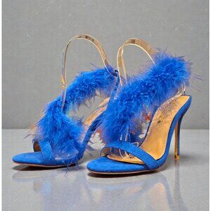 Blue Feather High Heel Slingback Open Toe Sandals